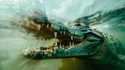 A crocodile with sharp teeth emerges from the water, its eyes gleaming with predatory intent.