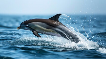 Fototapeta premium A dolphin leaps out of the water, creating a spray of water droplets