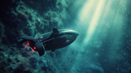 Obraz premium A futuristic submarine glides through the depths of the ocean, illuminated by a beam of light.