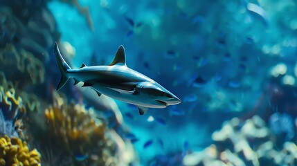 Fototapeta premium A lone shark swims through a vibrant coral reef, surrounded by a school of smaller fish.