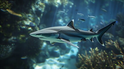 Fototapeta premium A lone shark swims through a vibrant coral reef, surrounded by smaller fish.