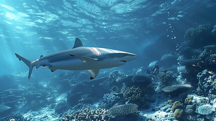 Fototapeta premium A lone shark swims through a vibrant coral reef, its sleek body blending with the turquoise waters.