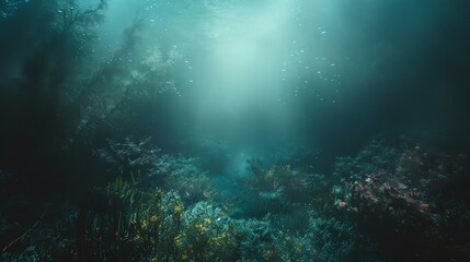 Obraz premium A mysterious underwater scene with a beam of light illuminating a path through dense kelp forest.