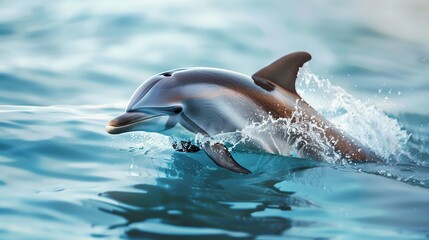 A playful dolphin leaps from the water, creating a spray of water as it swims through the ocean.