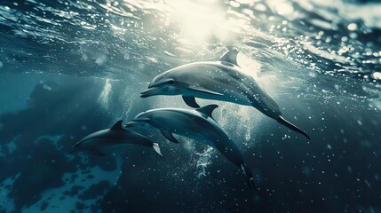 Naklejka premium A pod of dolphins swim through sunlit ocean water, creating a beautiful underwater scene.