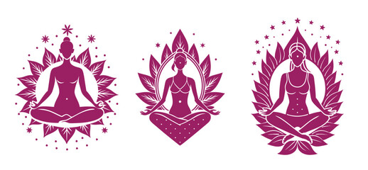 Fototapeta premium Three purple silhouettes women in yoga poses inside floral frames on white background, calm peace relax