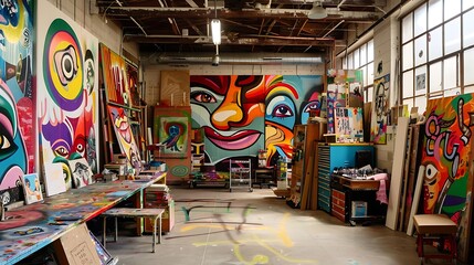 Obraz premium Artist's studio garage with colorful murals