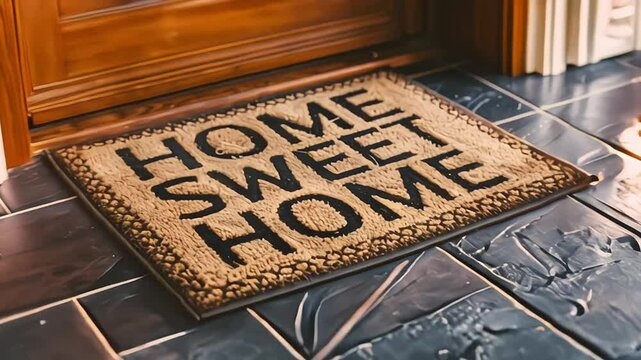 Closeup of a brown doormat or welcome mat with the text "Home, sweet home" on a wooden parquet or laminate floor indoors, in a house interior. Welcoming greeting for the guests, entrance carpet