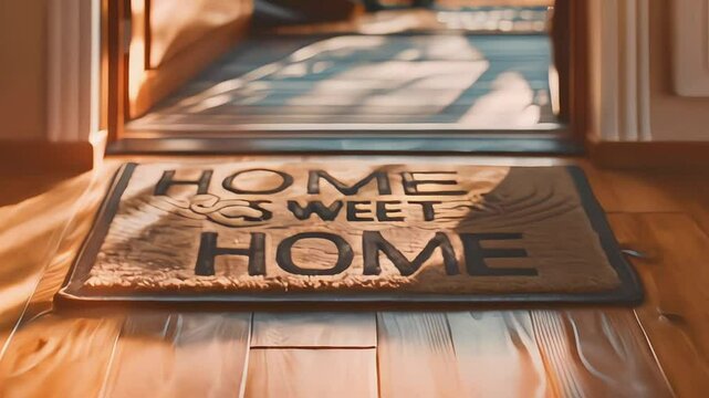 Closeup of a brown doormat or welcome mat with the text "Home, sweet home" on a wooden parquet or laminate floor indoors, in a house interior. Welcoming greeting for the guests, entrance carpet