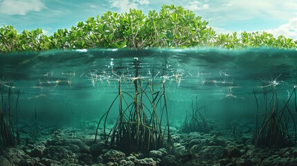 A split-view image showcasing the roots of mangrove trees above and below the waterline, revealing the intricate underwater ecosystem.