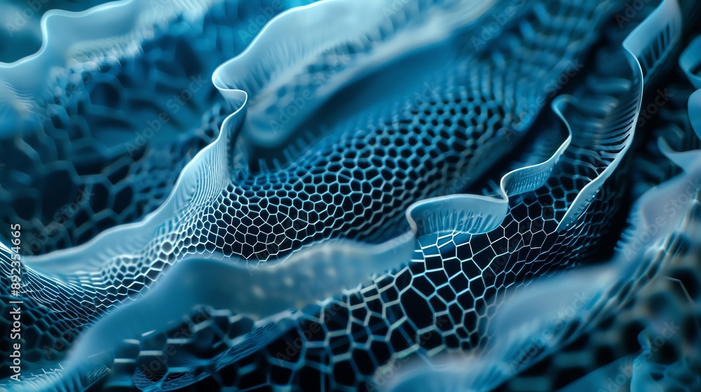 Poster abstract blue honeycomb pattern with a wavy, flowing texture. the image creates a sense of depth and