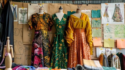 Beautiful fashionable designer dresses on hangers and mannequins