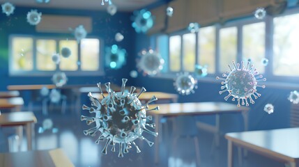 An empty school classroom with visible virus particles floating in the air, representing the impact of a pandemic on education.