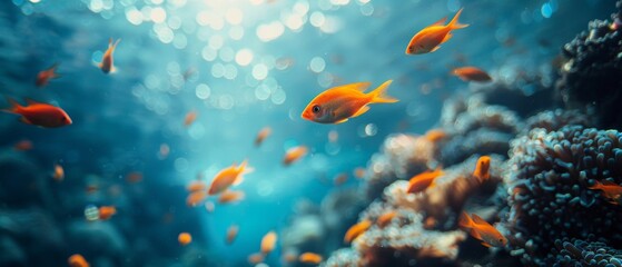 Sunlight shines through the water, illuminating the varied schools of fish swimming among the coral. The play of light and shadow highlights the beauty of the underwater world. 