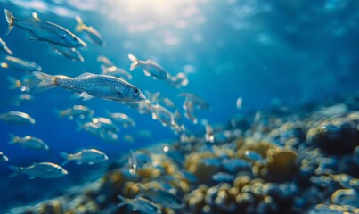 Fototapeta premium Sunlight shines through the water, illuminating the varied schools of fish swimming among the coral. The play of light and shadow highlights the beauty of the underwater world. 