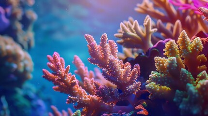 Close-up of vibrant, colorful coral reef thriving in the underwater world.  Sunlight streams through the water, illuminating the intricate details of the coral.