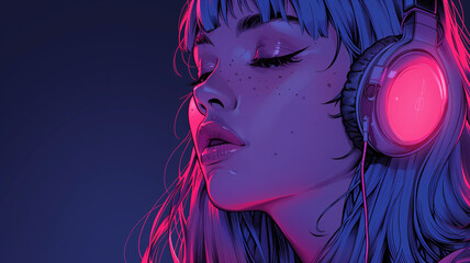Beautiful girl listening to lofi hip hop music with headphones, manga, anime, comic cartoon drawing illustration, video background, wallpaper, backdrop, 16:9