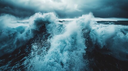 Obraz premium Dramatic, turbulent ocean waves crashing against the rocks under a stormy sky.