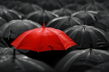 A striking red umbrella stands out from the crowd of black umbrellas, symbolizing uniqueness and individuality.