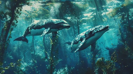 Fototapeta premium Two whales swim through a kelp forest, sunlight filtering through the water.