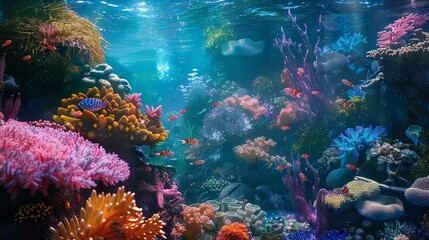 Obraz premium Vibrant coral reef teeming with colorful fish and sea life. A sunbeam illuminates the underwater scene.