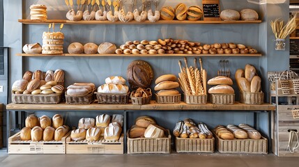 Artisan bakery garage with professional baking equipment and a display of fresh breads