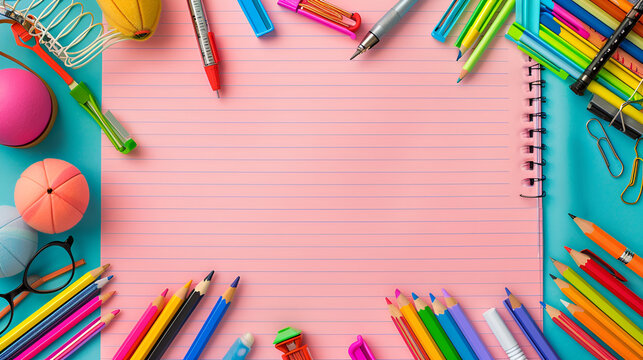 Bright school supplies arranged around pink lined paper