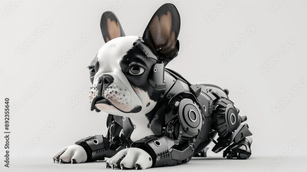 Poster 3d rendering of a robotic bulldog with a camo pattern and intricate details