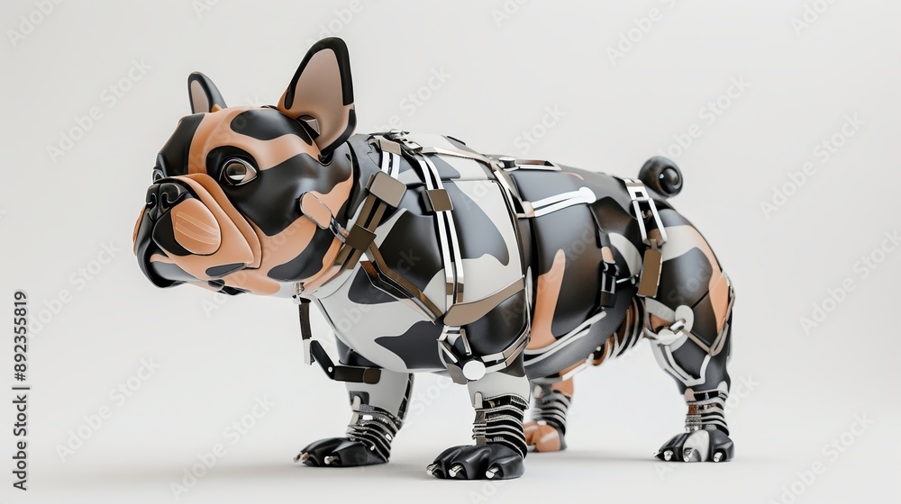 Poster 3d rendering of a robotic bulldog with a camo pattern and intricate details