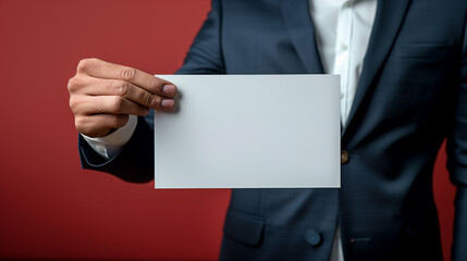 Fototapeta premium Middle shot of a person wearing business suit and holding a blank white paper little banner mockup
