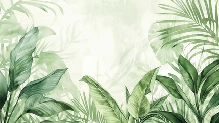 Drawing of tropical plants with soft light background, watercolor style, suitable for art projects, leafy background.