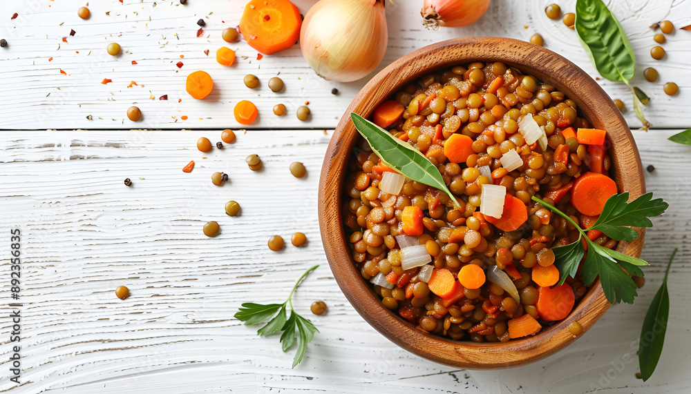 Poster lentil with carrot and onion in wooden bowl. healthy lifestyle. diet menu. flat lay. top view