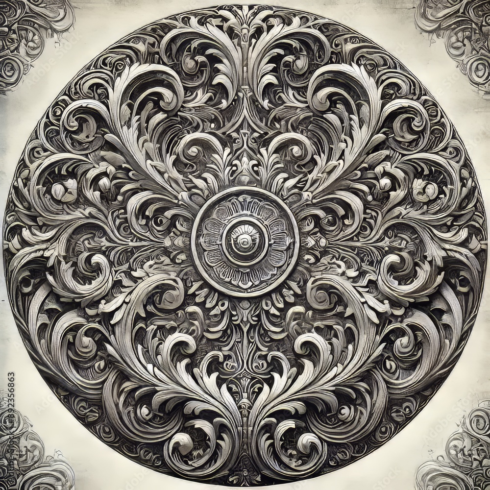 Poster intricate 3d ornamental circular design with detailed floral patterns in grayscale