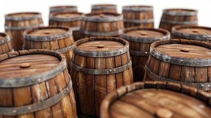 A group of wooden barrels stacked together, perfect for use in a rustic or industrial themed setting