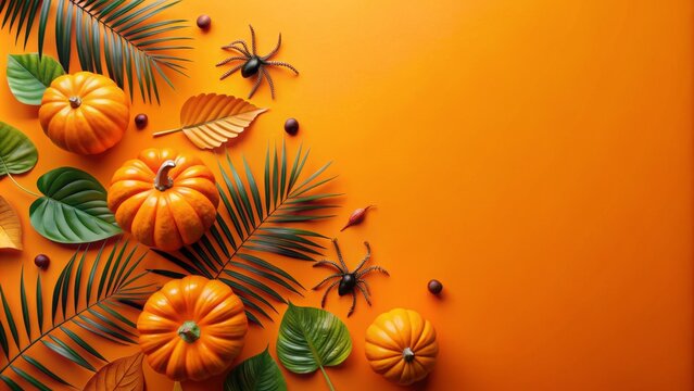 Vibrant orange background with a tropical palm leaf silhouette overlaid on a seasonal mashup of Thanksgiving and Halloween decorations.