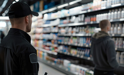 Man or boy in shop watched by security guard retail theft crime concept
