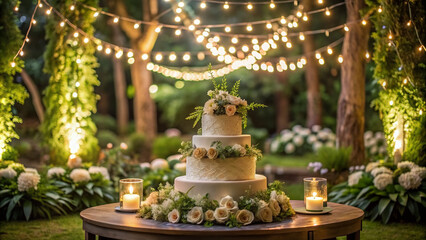 Obraz premium Softly lit twilight garden wedding atmosphere features elegant buttercream cake with intricate lace details and bespoke monogram, surrounded by lush greenery and twinkling string lights.
