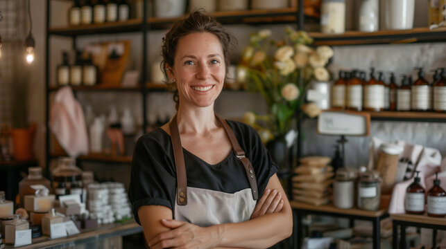 Woman business entrepreneur artisan independent shop owner standing in her boutique craft store