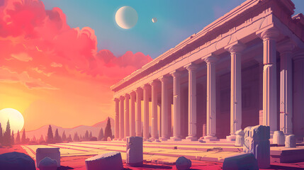 Obraz premium The temple of ancient greek gods and goddess in the mountains and trees background, in the cartoon style