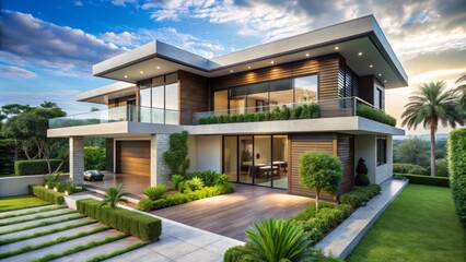 Beautiful empty modern luxury villa with lush greenery and sleek architecture, perfect symbol of successful living and real estate achievement.