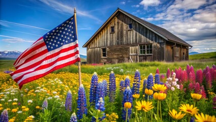 Vibrant wildflowers sway in the rustic foreground as a majestic national flag proudly waves from a weathered countryside barn.