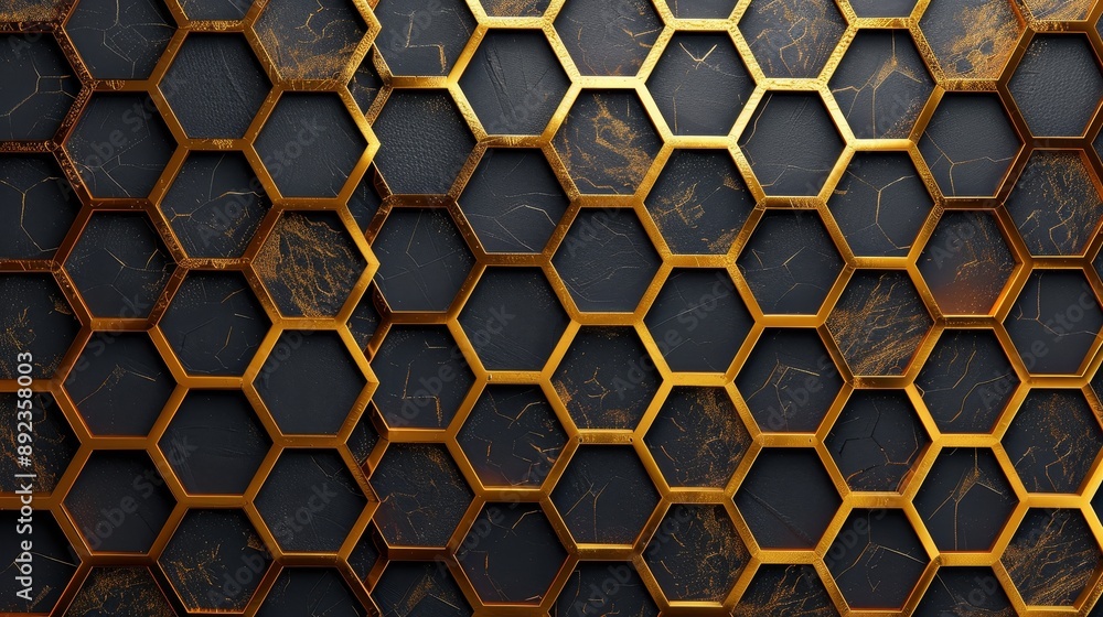 Poster 3d abstract hexagonal pattern with black and gold textured surfaces