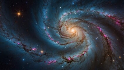 Expansive galaxy with swirling nebulae and bright star clusters