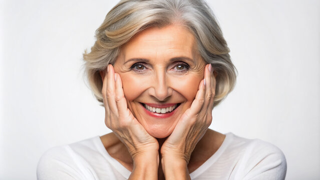 Happy middle aged woman, senior older 50 year lady looking at camera touching her face isolated on white close up face portrait