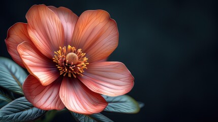 Fototapeta premium A pink flower with yellow center blooms on blue