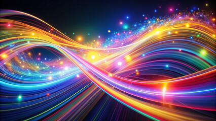 Obraz premium Vibrant, swirling trails of multicolored light undulate across a dark background, evoking a sense of dynamic energy and futuristic creativity, perfect for representing digital innovation.