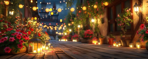 Enchanting Evening Street Scene with Festive Lights and Decorations, Perfect for Holiday Greetings or Celebration Backgrounds