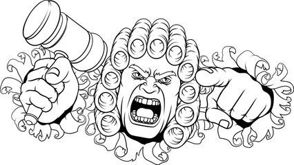 An angry judge cartoon character holding a wooden hammer gavel