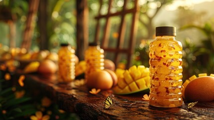 Mangoes and infused drinks on a wooden table, sunlight streaming through leaves