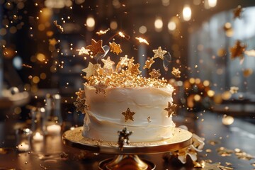 Golden Star Cake Decor A Festive Celebration with Sparkling Confetti and Warm Lights, Perfect for Birthdays, Anniversaries, or Any Special Occasion